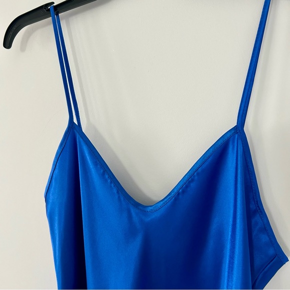 Vintage 1980s Lady Cameo of Dallas Electric Blue Satin Slip Dress w/ High Slit - Picture 3 of 14